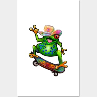 Frog - Peace sign tie dye Kawaii Froggy Skateboarding Cute Frog Texas cowboy hat Funny toad toads amphibian tadpole Green Red eyed tree frogs rain forest Lizard dragon zoology gift frog Posters and Art